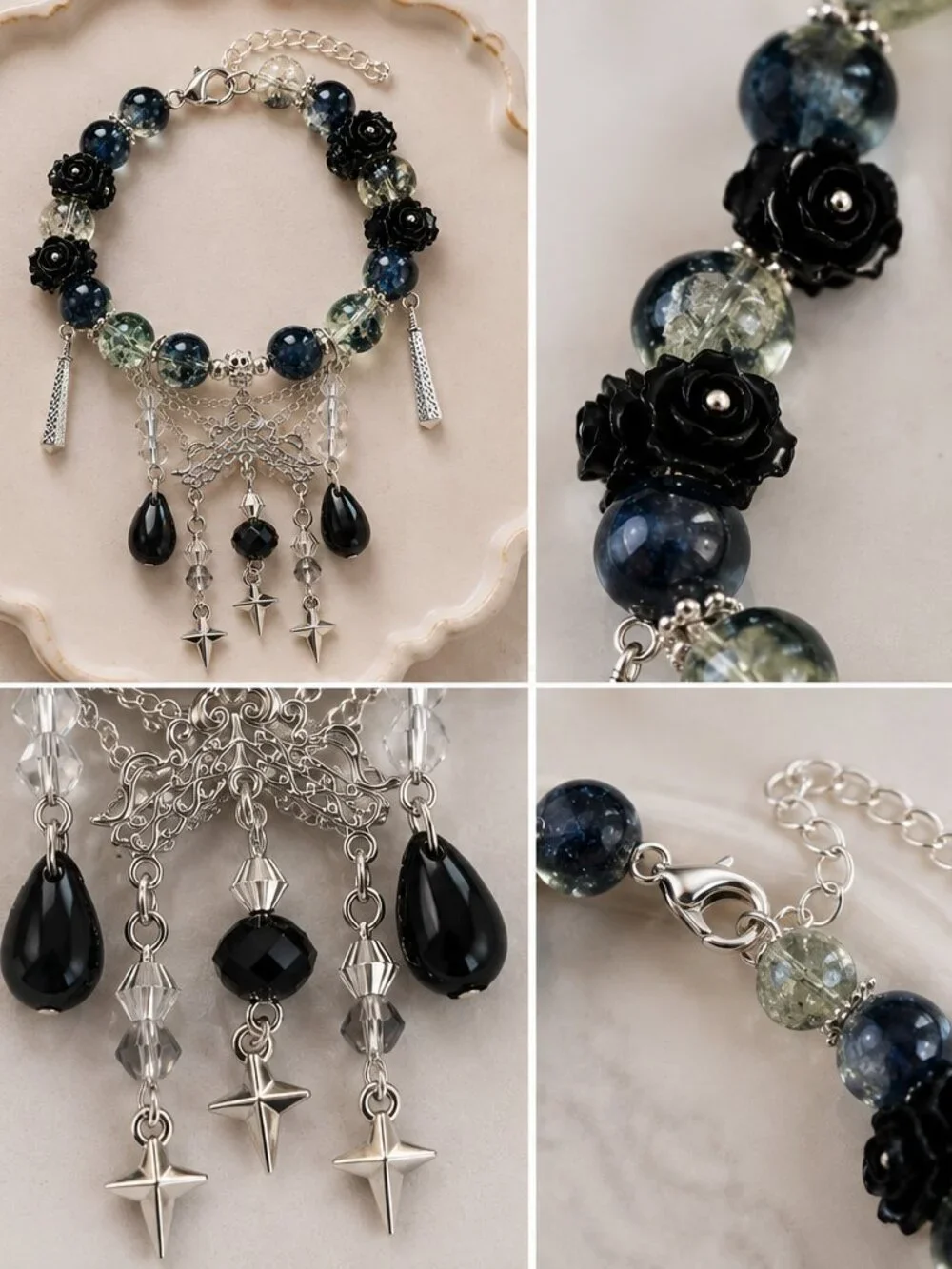 Statement Charm Bracelet Black Silver Beaded Gothic Boho Dangle Adjustable
